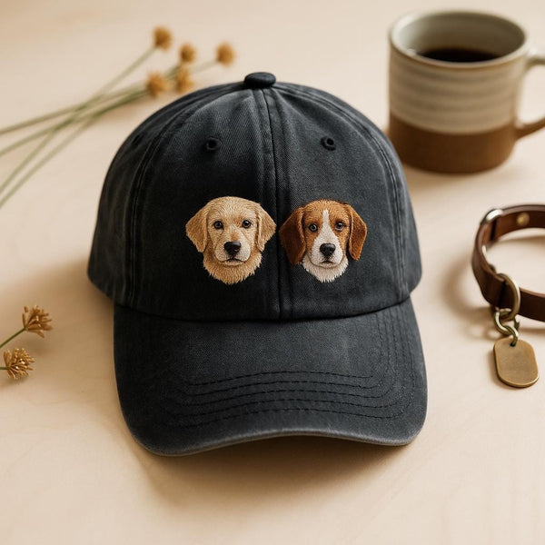Personalized Multiple Pet Photo Hat, Custom Embroidered Dog Cat Hat, 2 Pet Portrait Cap, Gift for Pet Lover, Dog Mom Gift, Cat Lover Gift