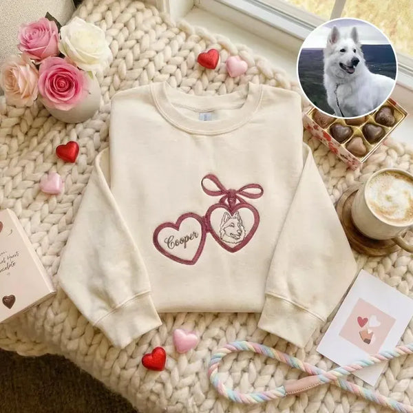 Pet Face Embroidered Valentine Sweatshirt – Personalized Pet Photo Heart Hoodie, Valentine’s Gift for Dog Lovers