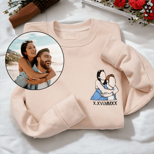 Custom Embroidered Portrait for Couples, Personalized Couple Sweatshirt, T-shirt, Hoodie Anniversary Date on Sleeve Matching Couple, Gift for Couple