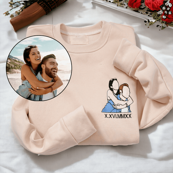 Custom Embroidered Portrait for Couples, Personalized Couple Sweatshirt, T-shirt, Hoodie Anniversary Date on Sleeve Matching Couple, Gift for Couple